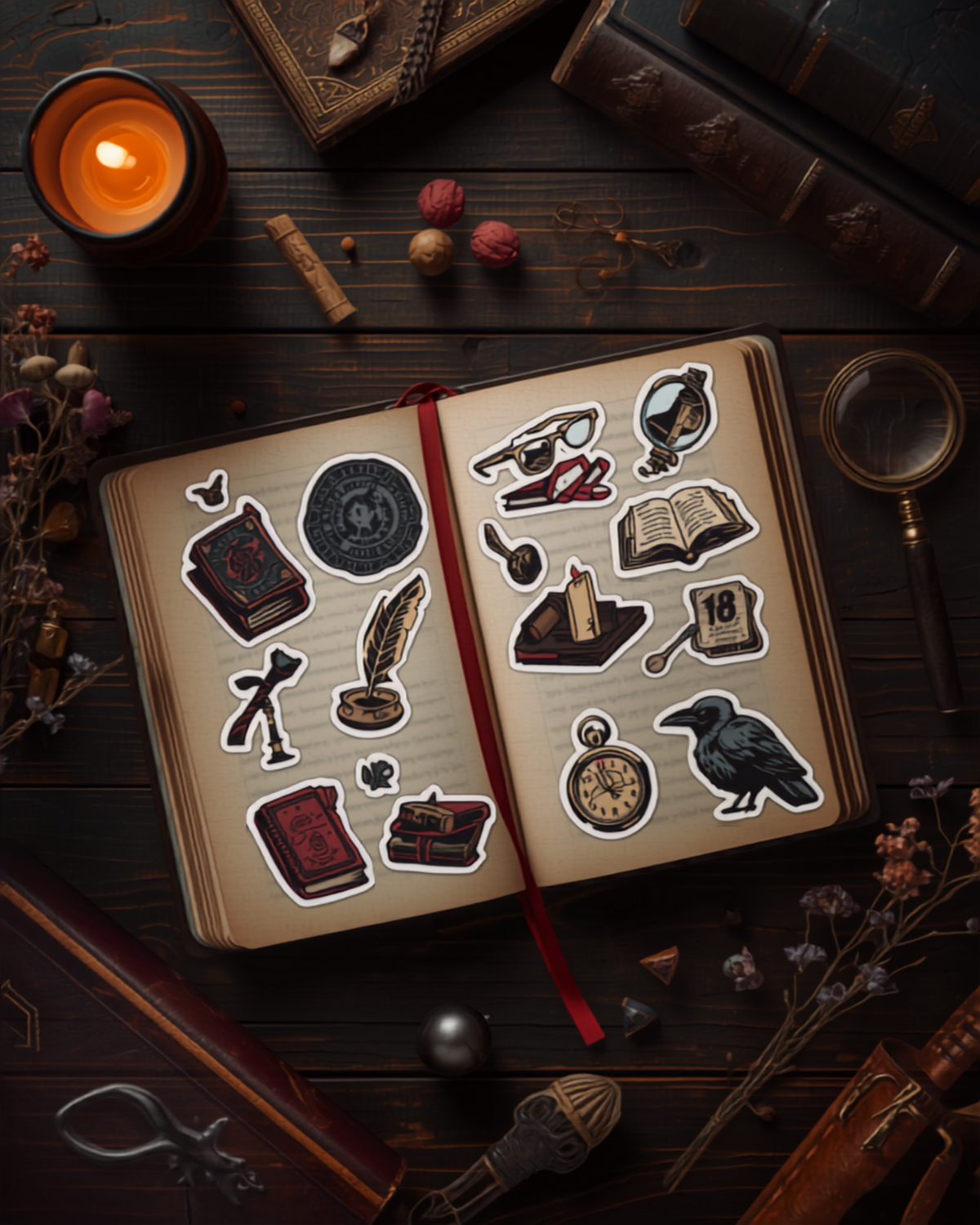 Gothic Library sticker sheet dark academia lifestyle mockup applied to open vintage journal with candle and books