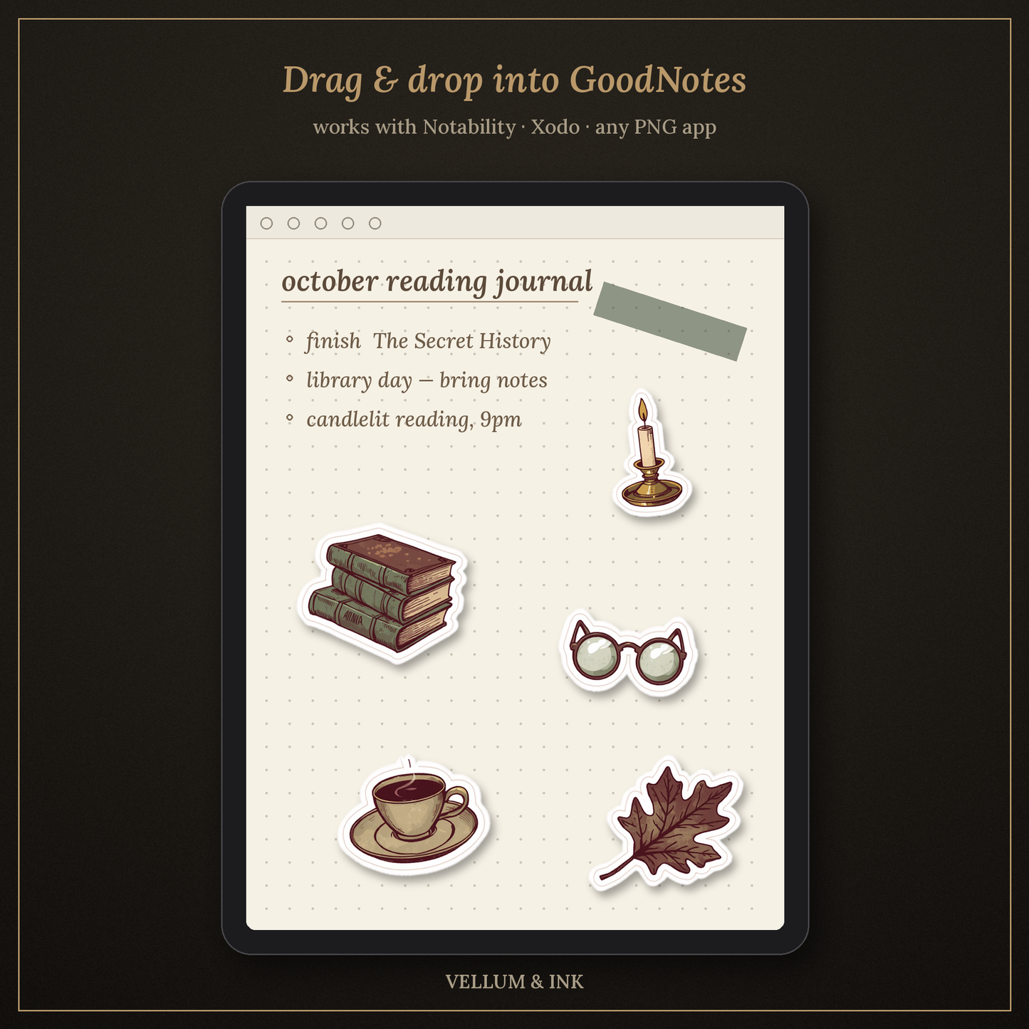 Bibliophile Mini — Free Dark Academia Digital Stickers (2 PNG, GoodNotes Ready)