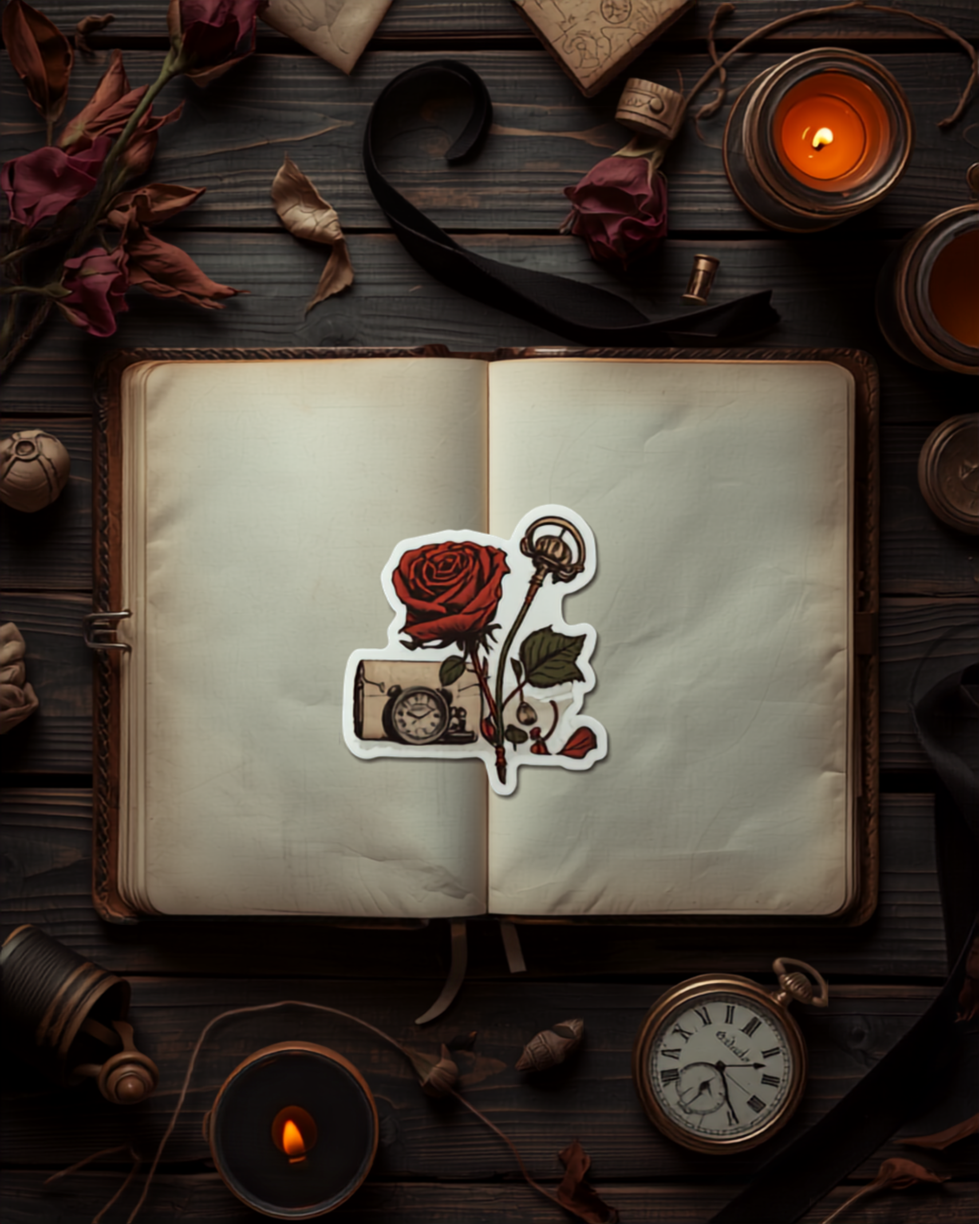 Vanitas sticker dark academia lifestyle mockup on vintage journal with candle, wilting roses, pocket watches and black ribbon