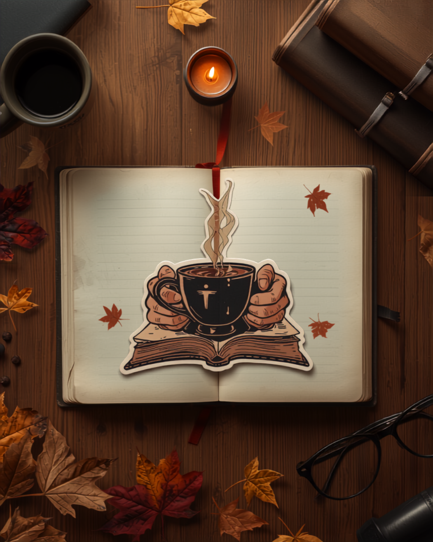 Bibliophile sticker dark academia lifestyle mockup on vintage journal with coffee, candle and autumn leaves