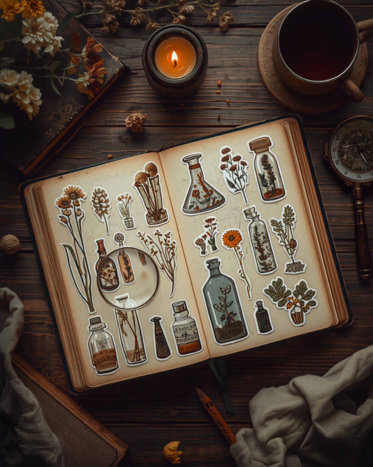 Herbarium 스티커 다크 아카데미아 라이프스타일 목업