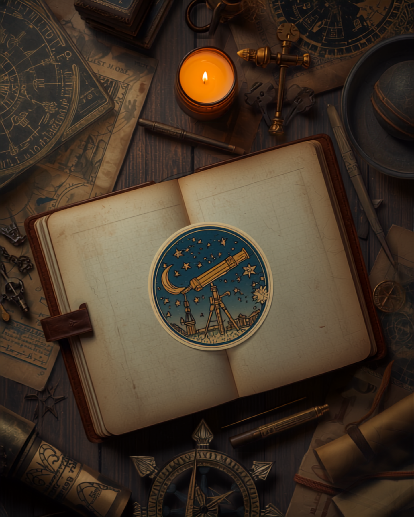 Astronomia sticker dark academia lifestyle mockup on vintage journal with candle and antique astronomy props
