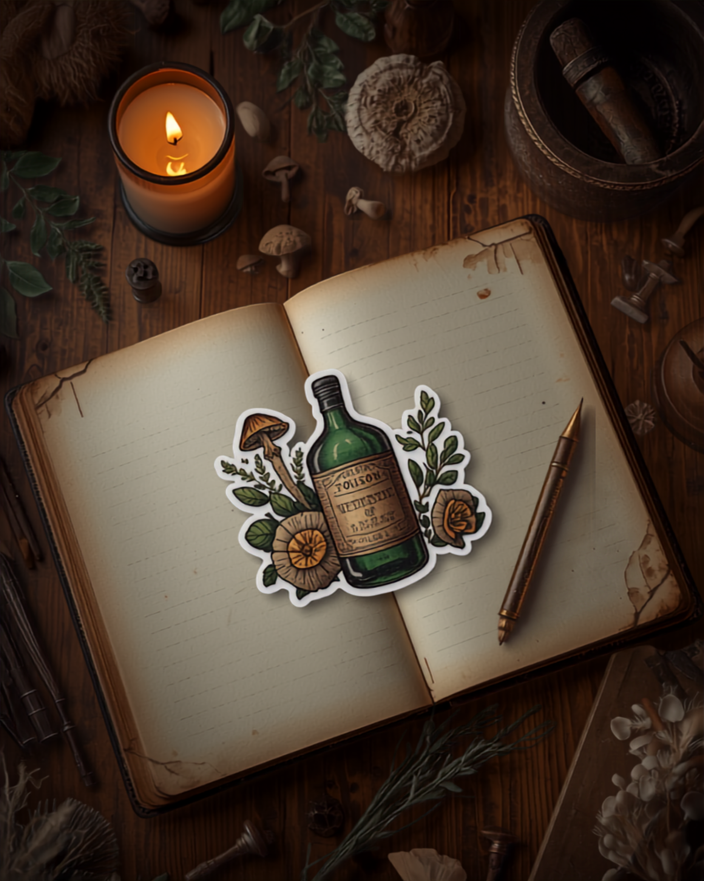 Apothecary Sticker dark academia lifestyle mockup on vintage journal with candle, mushrooms and mortar and pestle