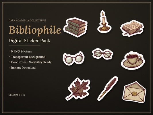 The Bibliophile Pack — Dark Academia Digital Stickers (9 PNG, GoodNotes Ready)