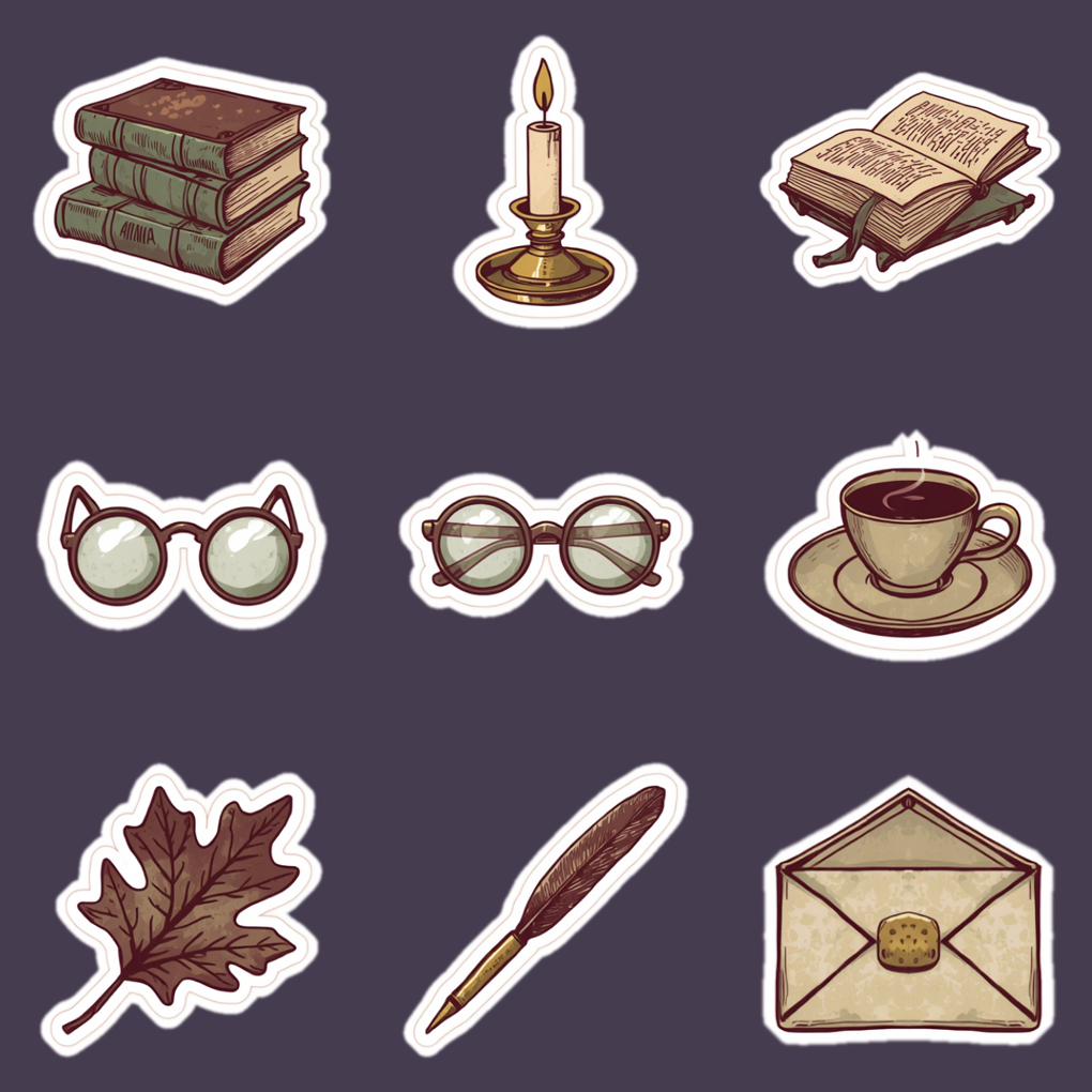 The Bibliophile Pack — Dark Academia Digital Stickers (9 PNG, GoodNotes Ready)