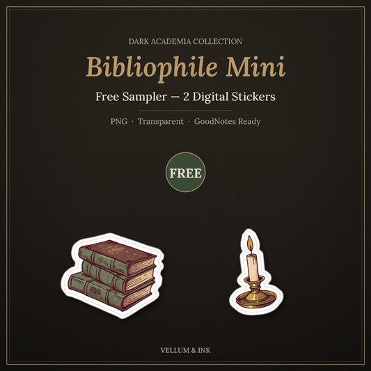 Bibliophile Mini — Free Dark Academia Digital Stickers (2 PNG, GoodNotes Ready)